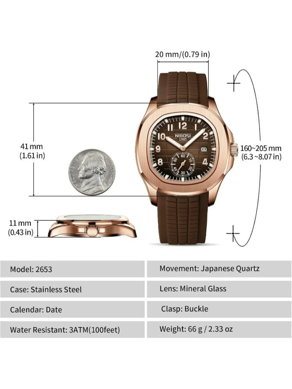 Men's Brown Silicone Strap Waterproof Fashion Casual Quartz Classic Wrist Watch